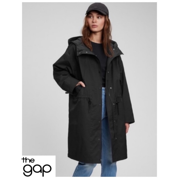 GAP Trench Coat M Oversized (Anorak Parka) Jacket Hood Black Medium NWT’S-$140 - Picture 5 of 8